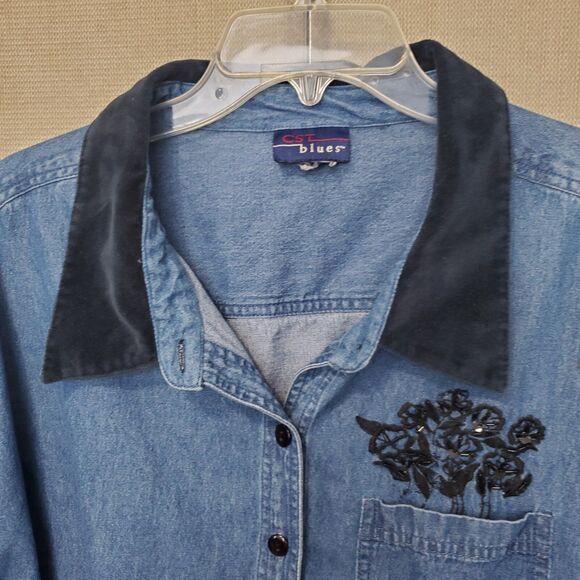CST Blues Women's Blue Denim Embroidered Button-Up Shirt w/Microfiber Collar 4X - Picture 5 of 6